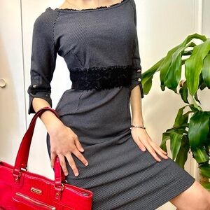 BABYLON Houndstooth Midi Dress With Lace, Size Small